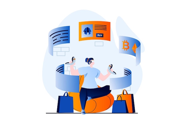 Concepto de metaverso con escena de personas en diseño de dibujos animados planos Mujer en auriculares VR interactúa con compras en línea e intercambio de criptomonedas en el ciberespacio Historia visual de ilustración vectorial para web