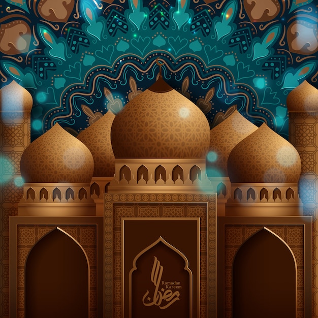 Concepto de la mezquita dorada para la comunidad musulmana mes sagrado del Ramadán