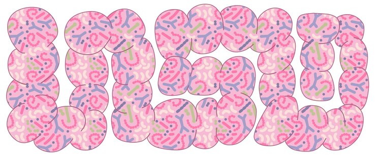 Vector concepto de microbioma humano con intestinos abstractos y patrón de bacterias saludables gastroenterólogo