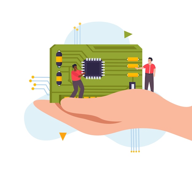 Concepto de microchip plano con componente de computadora de mano humana y ilustración de vector de personas diminutas