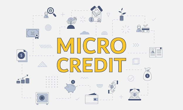 Concepto de microcrédito con conjunto de iconos con gran palabra o texto en el centro