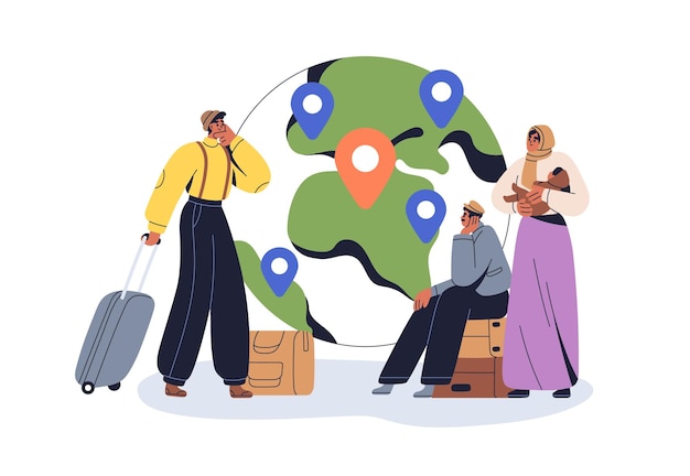 Concepto de migración Refugiados migrantes extranjeros que vagan por el mundo eligiendo el país de destino Inmigrantes y emigrantes Ilustración vectorial gráfica plana aislada sobre fondo blanco