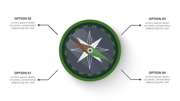 Concepto militar para infografía con opciones de 4 pasos, piezas o procesos Brújula