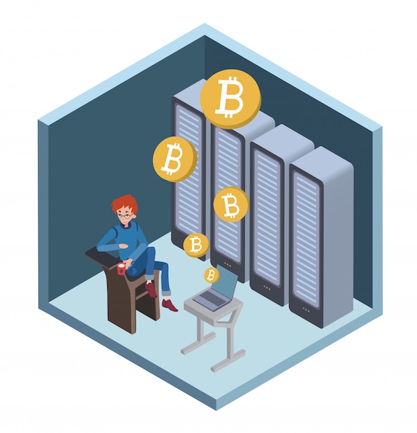 Concepto de minería bitcoin. Hombre joven sentado en la computadora en la sala de servidores. Granja minera de criptomonedas. Ilustración en proyección isométrica.