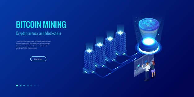 Concepto de minería de bitcoin isométrica. Concepto de criptomoneda y cadena de bloques. Granja para minar bitcoins. Mercado de dinero digital, inversión, finanzas y comercio. ilustración vectorial