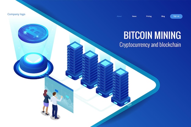 Concepto de minería de bitcoin isométrica. Concepto de criptomoneda y cadena de bloques. Granja para minar bitcoins. Mercado de dinero digital, inversión, finanzas y comercio. ilustración vectorial
