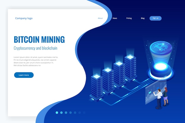 Concepto de minería de bitcoin isométrica. Concepto de criptomoneda y cadena de bloques. Granja para minar bitcoins. Mercado de dinero digital, inversión, finanzas y comercio. ilustración vectorial