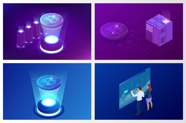 Concepto de minería de bitcoin isométrica. concepto de criptomoneda y cadena de bloques. granja para minar bitcoins. mercado de dinero digital, inversión, finanzas y comercio. ilustración vectorial