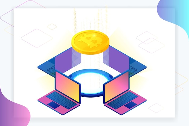 Concepto de minería de bitcoin isométrica. concepto de criptomoneda y cadena de bloques. granja para minar bitcoins. mercado de dinero digital, inversión, finanzas y comercio. ilustración vectorial