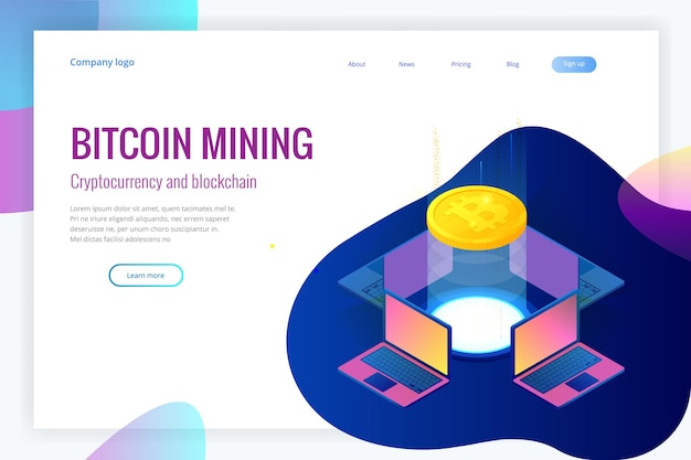Concepto de minería de bitcoin isométrica. Concepto de criptomoneda y cadena de bloques. Granja para minar bitcoins. Mercado de dinero digital, inversión, finanzas y comercio. ilustración vectorial