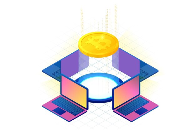 Concepto de minería de bitcoin isométrica. Concepto de criptomoneda y cadena de bloques. Granja para minar bitcoins. Mercado de dinero digital, inversión, finanzas y comercio. ilustración vectorial