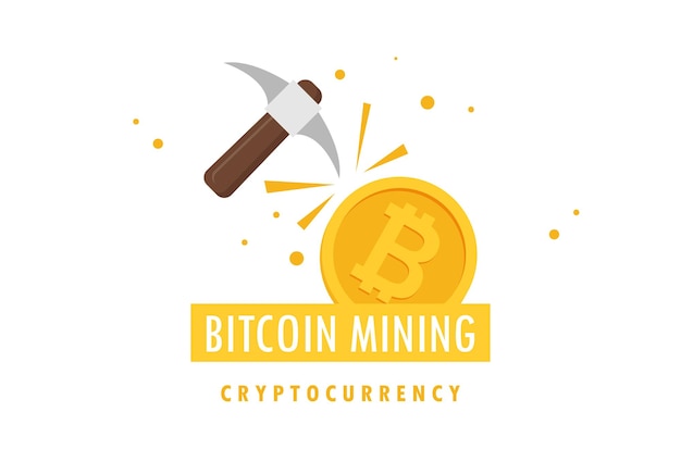 Concepto de minería de Bitcoin con pico y vector plano de moneda