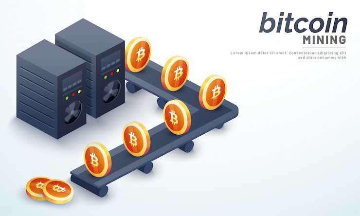 Vector concepto de minería bitcoin con servidores en el fondo blanco.