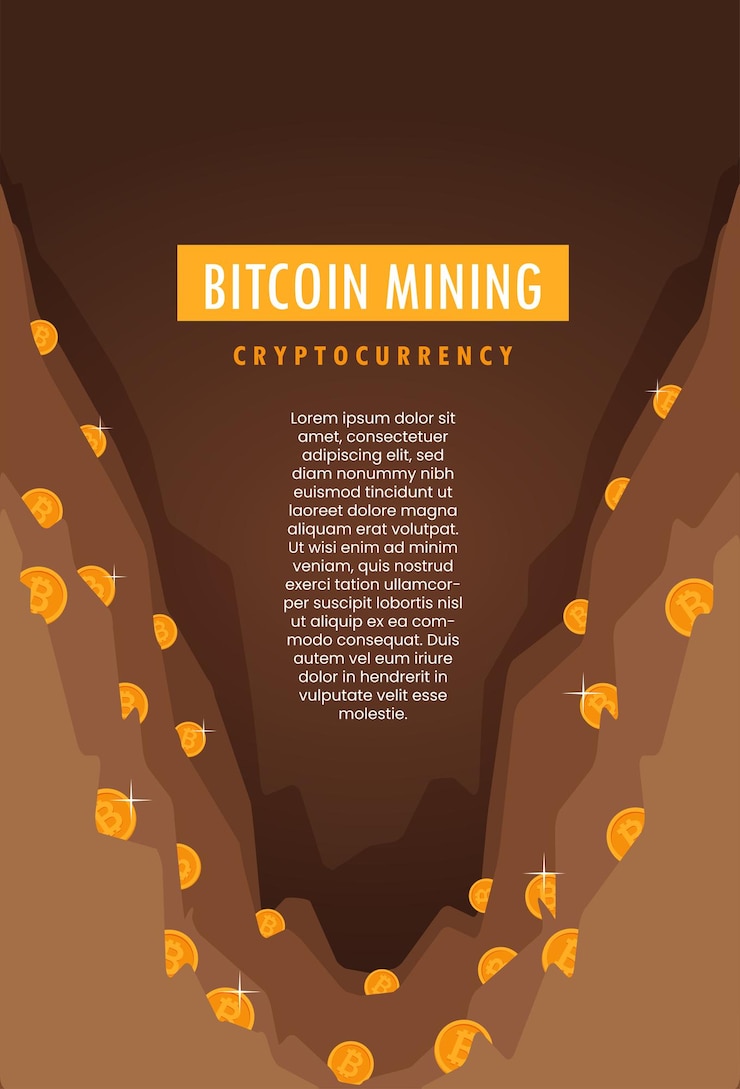Vector concepto de minería de bitcoin con vector plano de pico y moneda