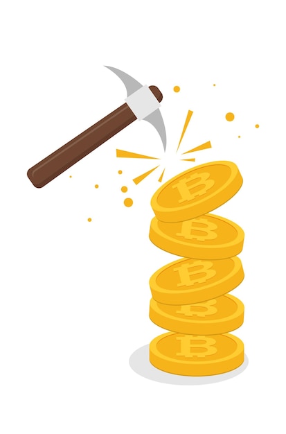 Concepto de minería de bitcoin con vector plano de pico y moneda