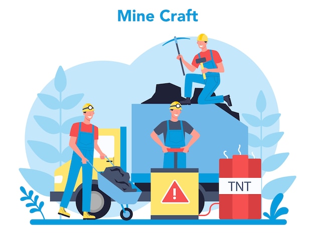 Concepto de minería de carbón o minerales. Trabajador en uniforme y casco con pico, martillo neumático y carretilla trabajando bajo tierra. Profesión de la industria de extracción. Ilustración de vector plano aislado