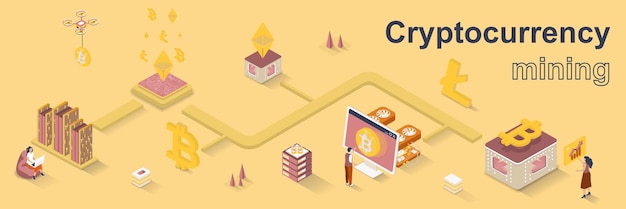 Concepto de minería de criptomonedas Banner web isométrico 3d La gente crea granjas mineras compra