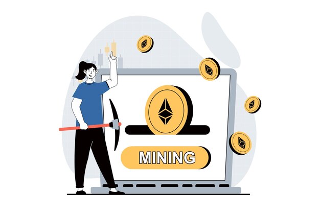 Concepto de minería de criptomonedas con escena de personas en diseño plano para la web Mujer con pico de minería invirtiendo dinero en negocios de criptografía Ilustración vectorial para material de marketing de banner de redes sociales