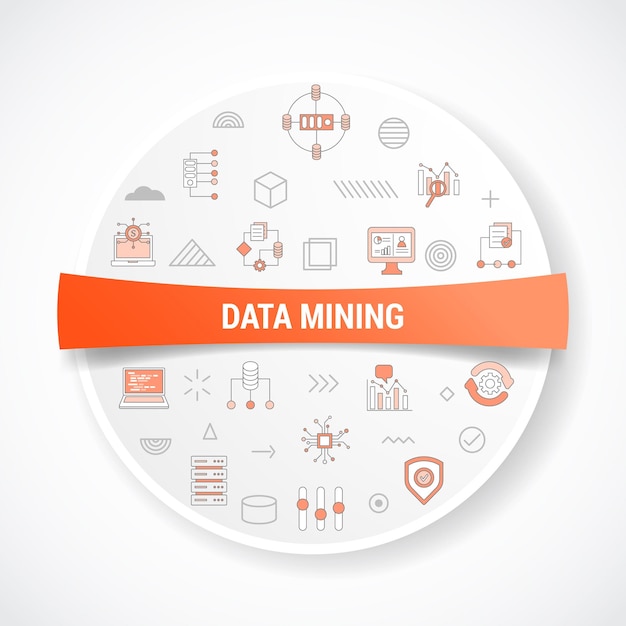 Vector concepto de minería de datos con concepto de icono con forma redonda o circular para placa