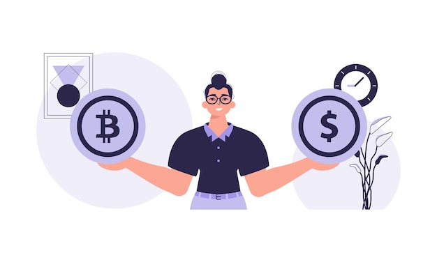 El concepto de minería y extracción de bitcoin Un hombre tiene un bitcoin y un dólar en forma de monedas en sus manos Un personaje en estilo moderno y de moda