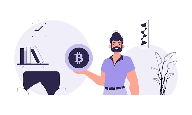 El concepto de minería y extracción de bitcoin Un hombre tiene una moneda de bitcoin en sus manos Un personaje en estilo de moda