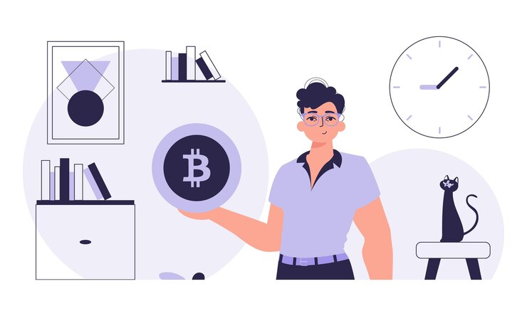 Vector el concepto de minería y extracción de bitcoin un hombre tiene una moneda de bitcoin en sus manos un personaje con un estilo moderno