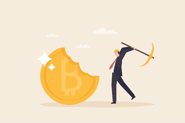 Concepto de minero Bitcoin Criptomoneda con mineros y monedas Businessman