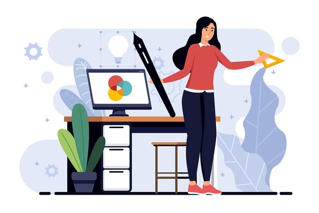 Concepto minimalista de estudio de diseño con escena de personas en el diseño de dibujos animados planos Trabajos de diseñador