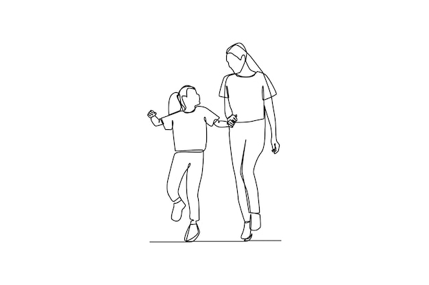 Concepto minimalista de supermamá La madre acompaña a los niños a dar un paseo Ilustración vectorial en blanco y negro mamá supermamá