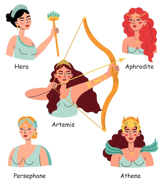 Concepto de mitología griega. Conjunto de hermosas diosas Hera, Afrodita, Artemisa, Atenea y Perséfone.