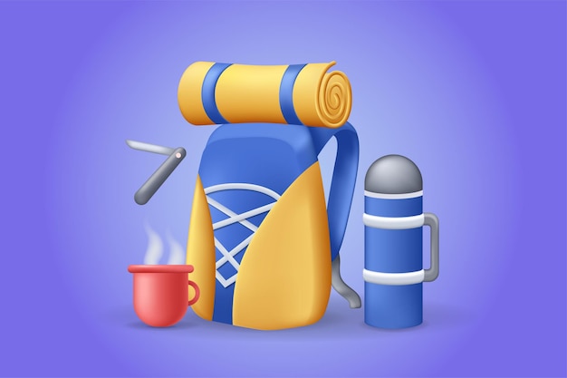 Concepto de mochila de camping Ilustración 3D Composición de iconos con cuchillo de taza de bolsa turística