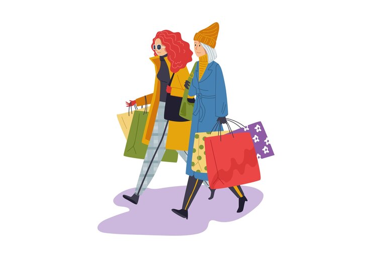 Vector concepto de moda amiga caminando de compras mujer sostener bolsa de paquete con artículo de moda dibujos animados