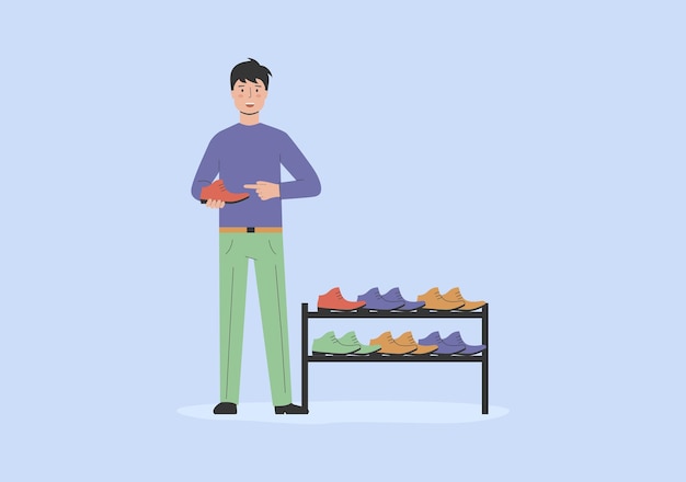 Concepto de moda y compras El hombre está eligiendo zapatos en la tienda El hombre de negocios de carácter masculino feliz está eligiendo zapatos en la boutique de moda Elegante hermosa chica en la tienda Ilustración vectorial de dibujos animados