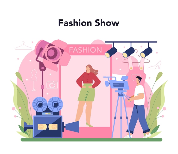 Vector concepto de modelo de moda el hombre y la mujer representan ropa nueva en un desfile de moda en una pasarela y una sesión de fotos trabajador de la industria de la moda ilustración vectorial aislada