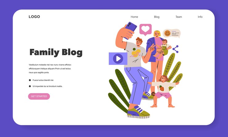 Vector concepto moderno de blog familiar una ilustración con una familia diversa que se involucra con contenido digital
