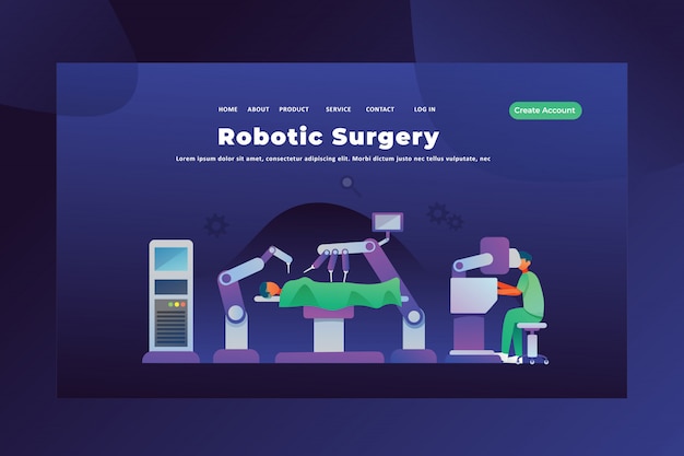Concepto moderno de cirugía robótica de la página de inicio de encabezado de página web médica y científica