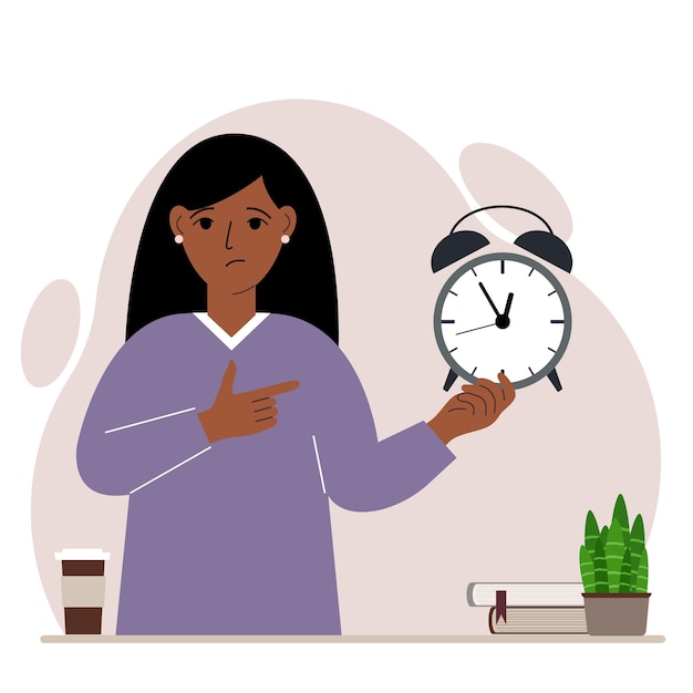 Concepto moderno de ilustración de gestión del tiempo. Una mujer triste sostiene un despertador en su mano y el segundo lo señala.