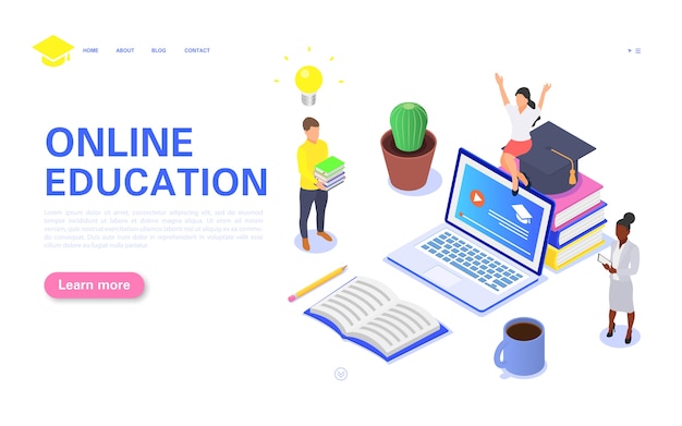 Concepto moderno de página de destino de educación en línea. Un grupo de estudiantes estudia cursos en línea en computadoras de forma remota.