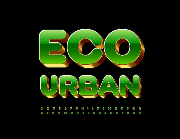 Concepto moderno vectorial Eco Urban con letras y números del alfabeto verde y dorado 3D Elite Font