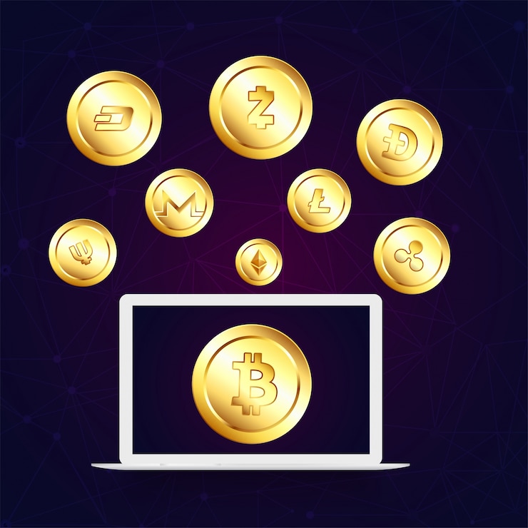 Vector concepto de moneda digital con oro crypotcurrencies