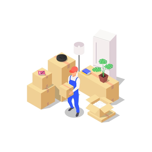 Concepto de mudanza de casa. un conjunto de cajas empaquetadas con diversos artículos para el hogar y un cargador sosteniendo una caja en sus manos. ilustración isométrica de vector sobre fondo azul.