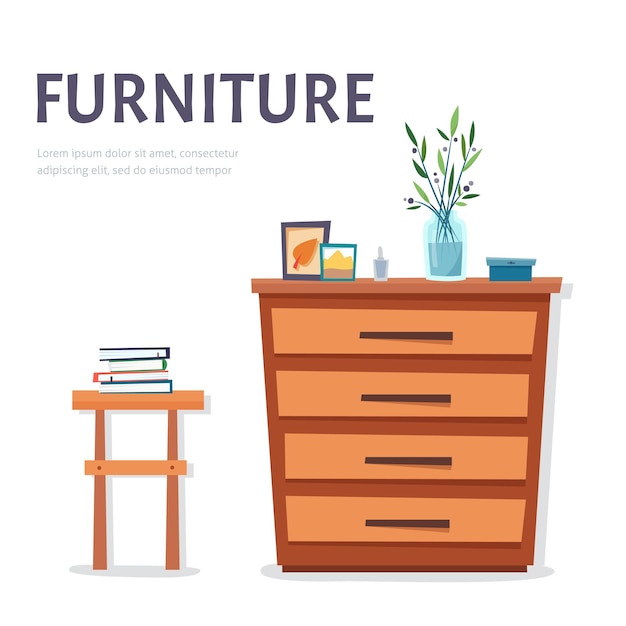 Concepto de muebles para el hogar Gabinete con silla y objetos decorados Dibujo vectorial de estilo de dibujos animados planos