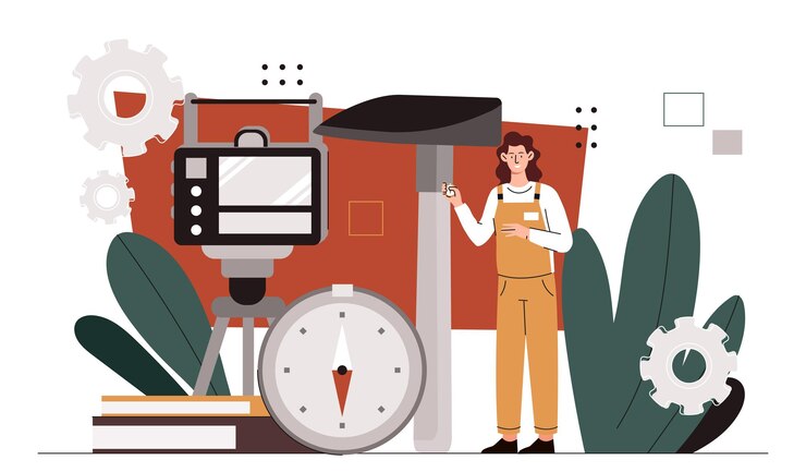 Vector concepto de mujer geodesia joven con equipo para geología brújula y martillo escáner geológico