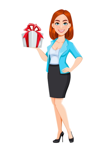 Concepto de mujer de negocios moderna. Empresaria de personaje de dibujos animados de pelirroja con caja de regalo. Ilustración vectorial sobre fondo blanco