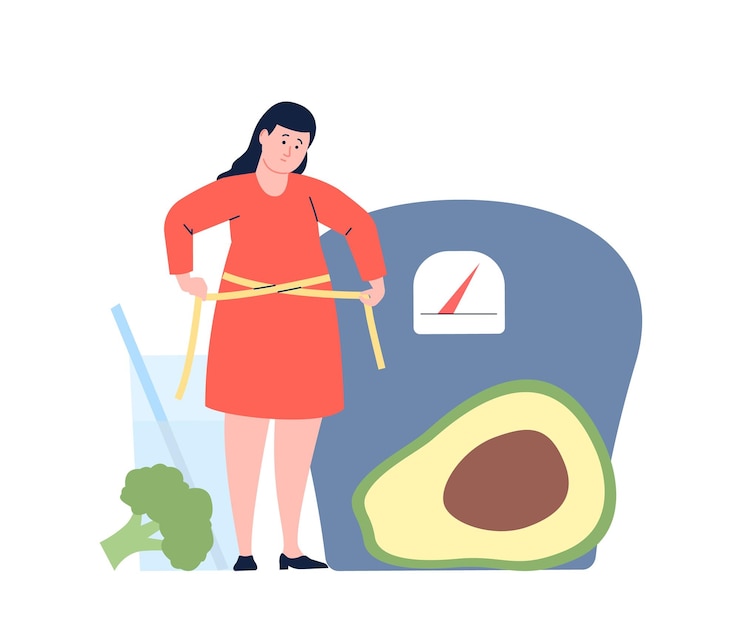 Vector concepto de mujer con sobrepeso mujer joven midiendo la cintura verduras vaso de agua y balanzas dieta y comida escena vectorial cuerpo positivo