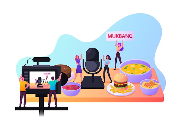Concepto de mukbang. pequeños personajes masculinos y femeninos que comen y prueban comida en una cámara de video para vlog de redes sociales, transmisión de programas, degustación de comidas en internet. ilustración de vector de gente de dibujos animados