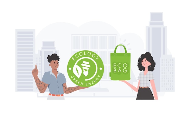 Concepto de mundo ecológico y ecológico Personas que se preocupan por el medio ambiente Ilustración de vector de tendencia de moda