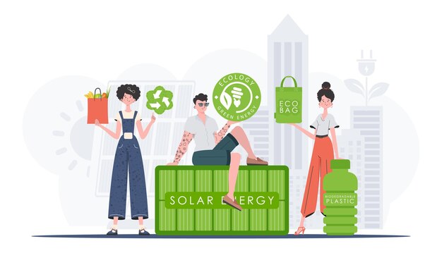 Vector concepto de mundo verde y ecología eco personas dibujos animados estilo moderno ilustración vectorial