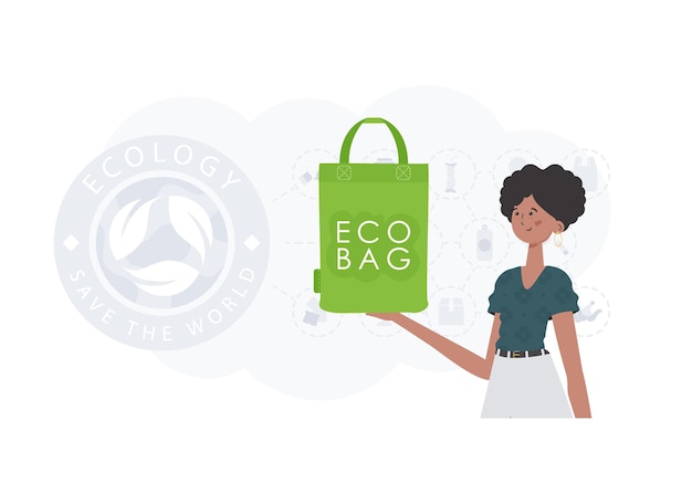 Vector concepto de mundo verde y ecología una mujer sostiene una bolsa eco en sus manos estilo de tendencia ilustración vectorial