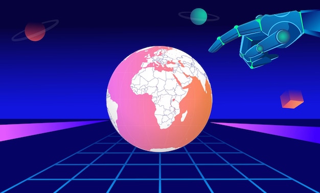 Concepto de mundos vectoriales AI con un brazo robótico sobre fondo azul oscuro